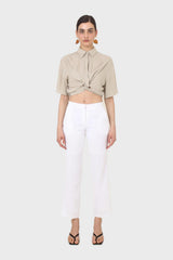 Pale khaki twist front cropped shirt