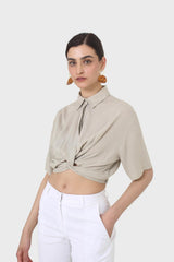Pale khaki twist front cropped shirt