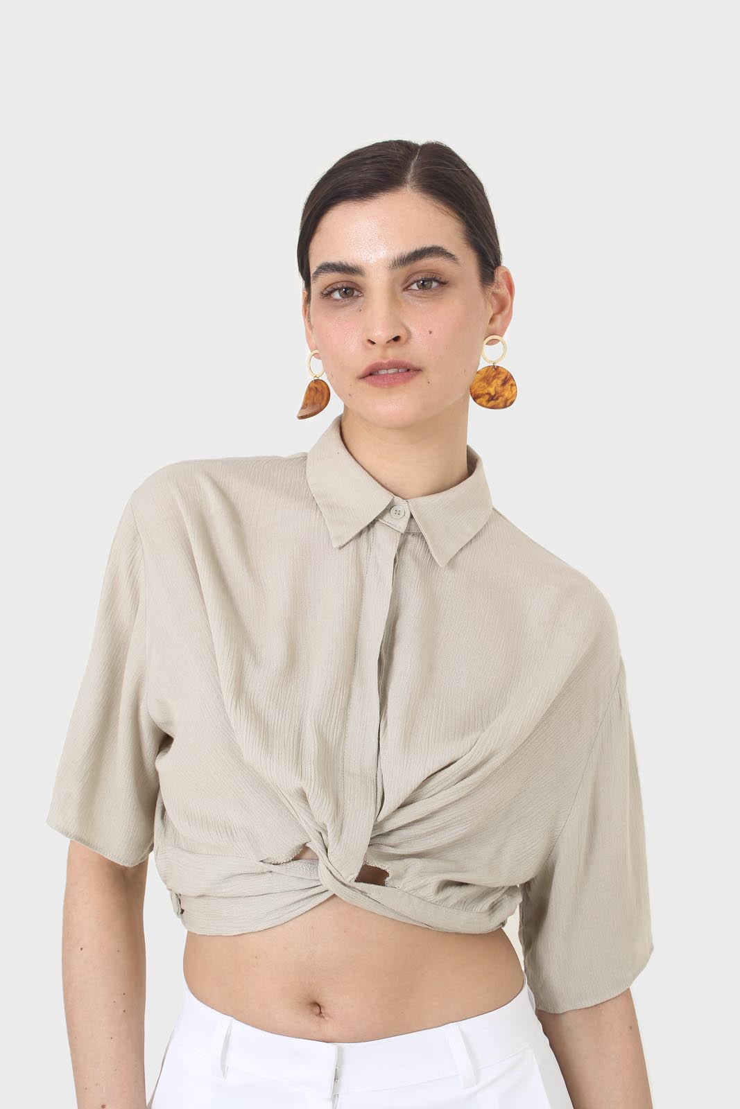 Pale khaki twist front cropped shirt