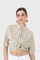 Pale khaki twist front cropped shirt