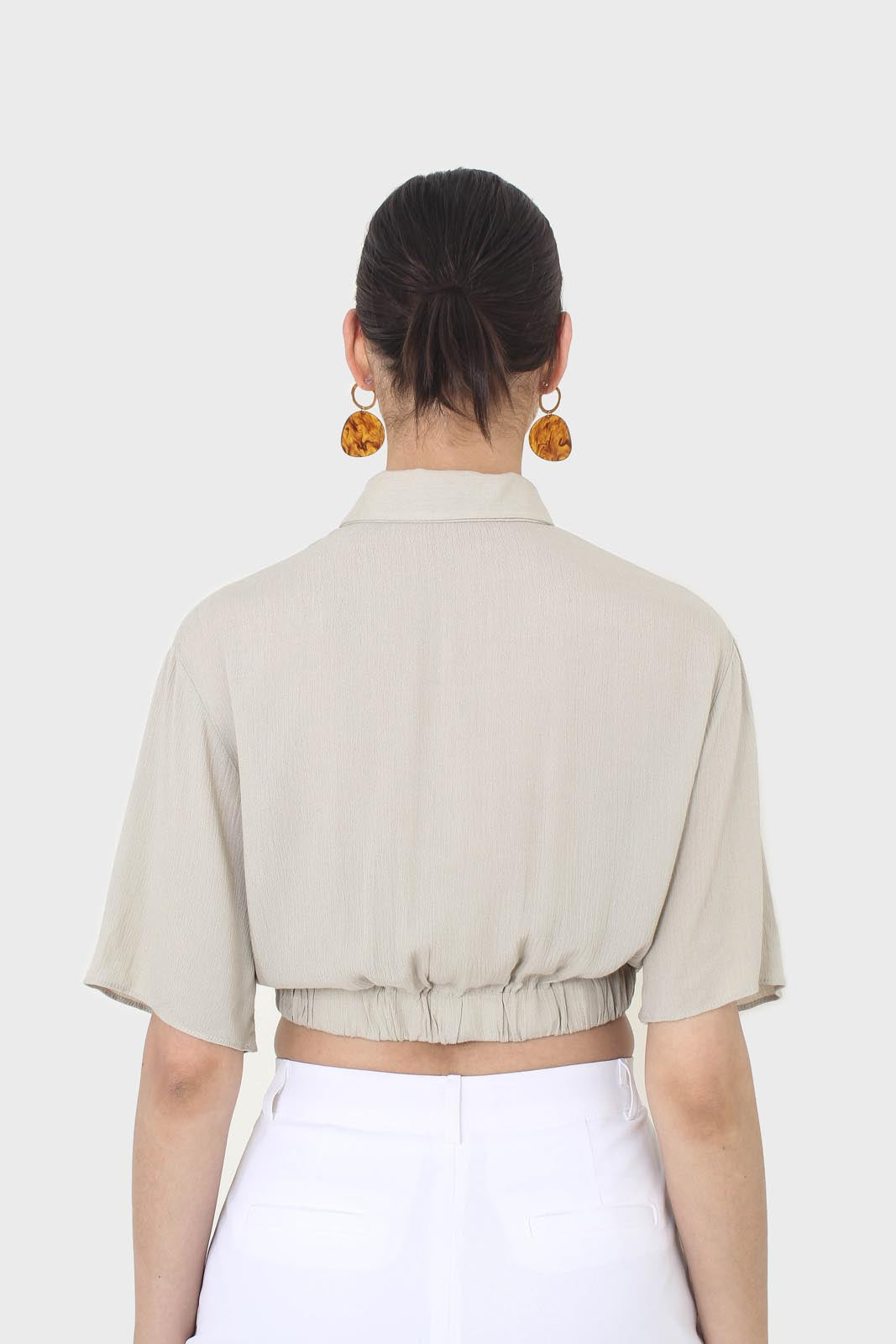 Pale khaki twist front cropped shirt