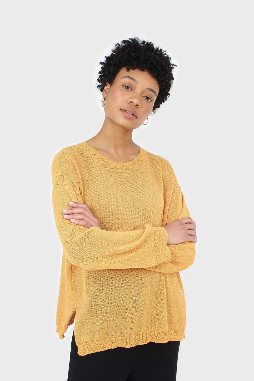 Mustard crew neck sheer knit jumper
