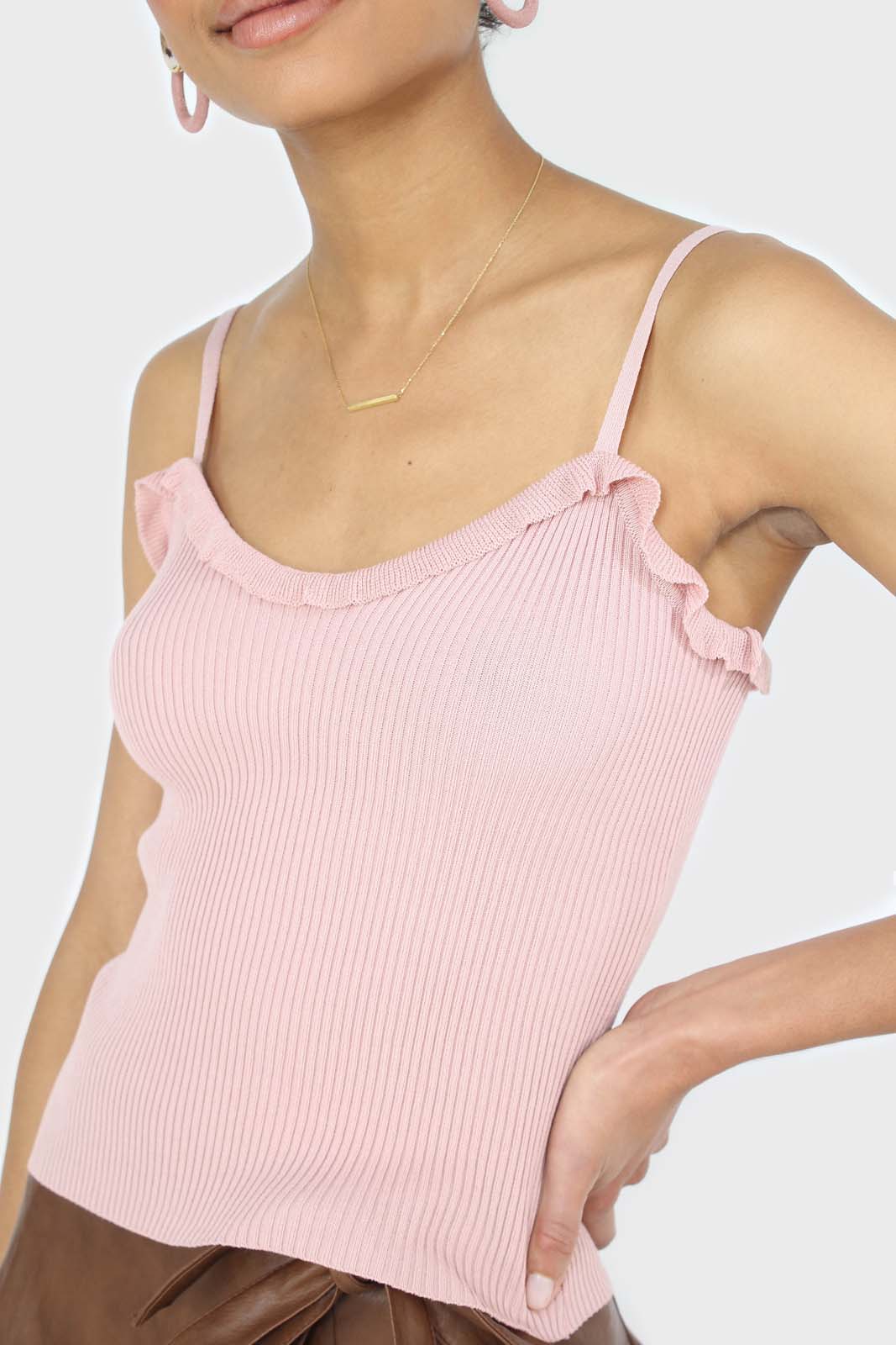 Pink ruffle trim thin strap knit tank