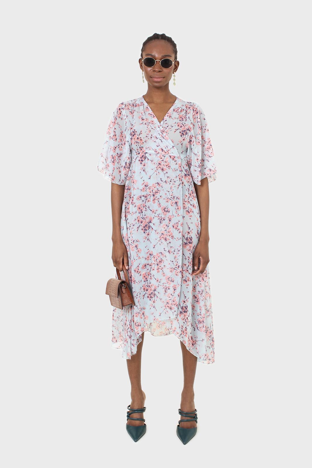 Blue and pink floral belted robe maxi dress