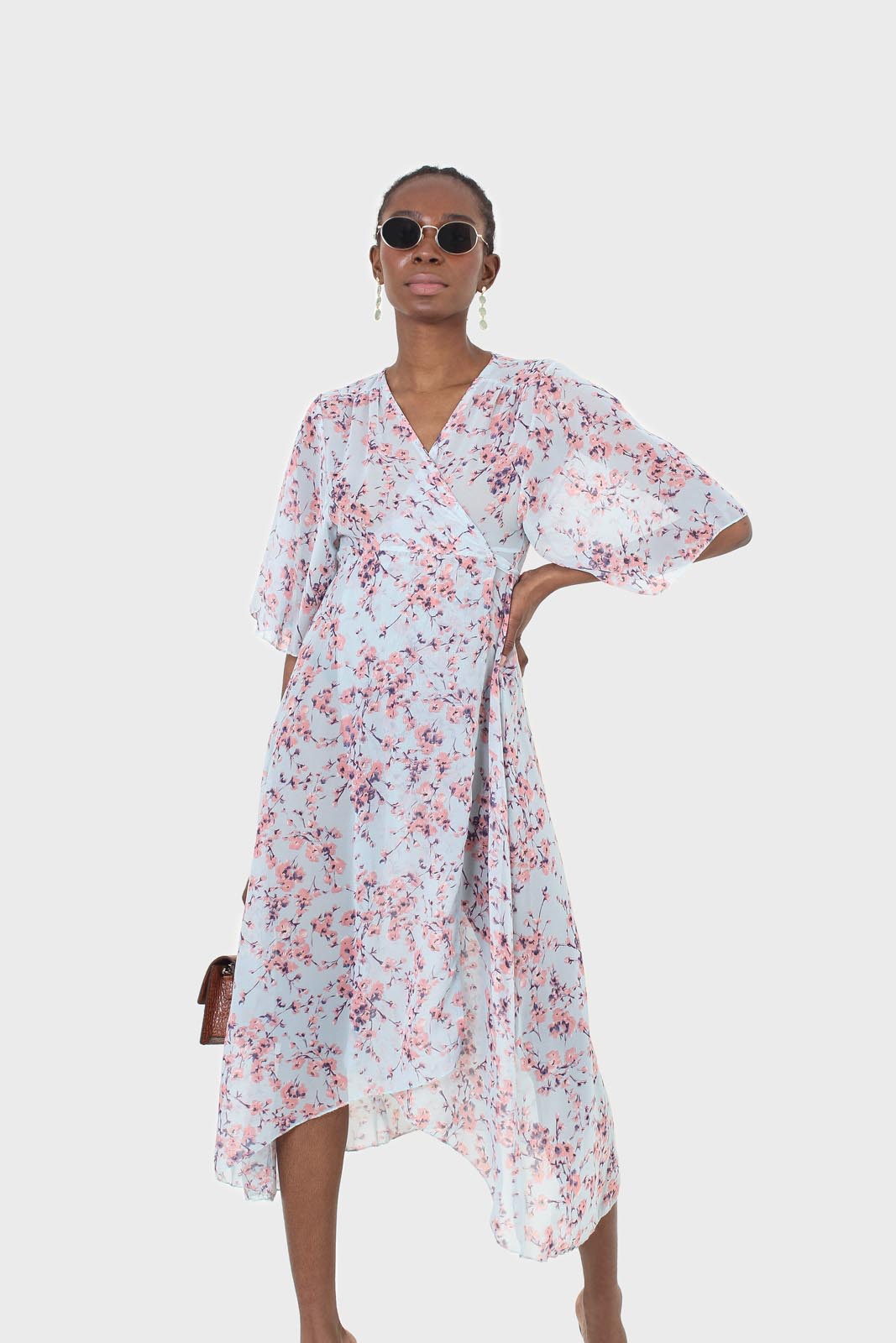 Blue and pink floral belted robe maxi dress