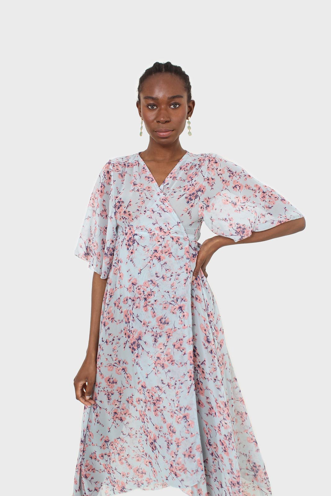 Blue and pink floral belted robe maxi dress