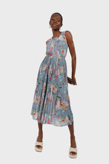 Dusty blue bright floral silky micro pleat maxi dress