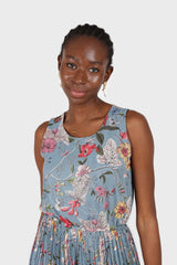 Dusty blue bright floral silky micro pleat maxi dress