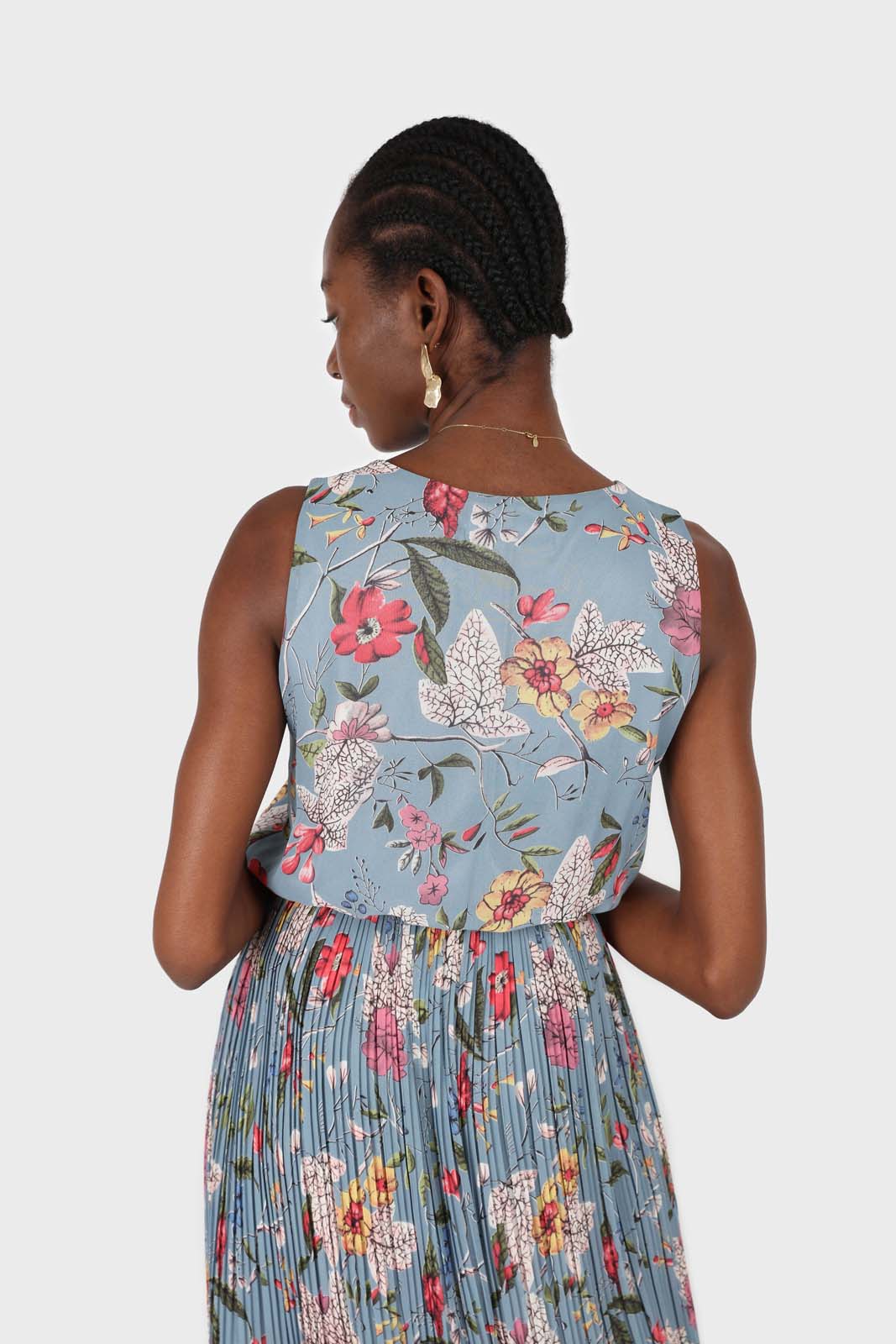 Dusty blue bright floral silky micro pleat maxi dress
