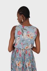 Dusty blue bright floral silky micro pleat maxi dress