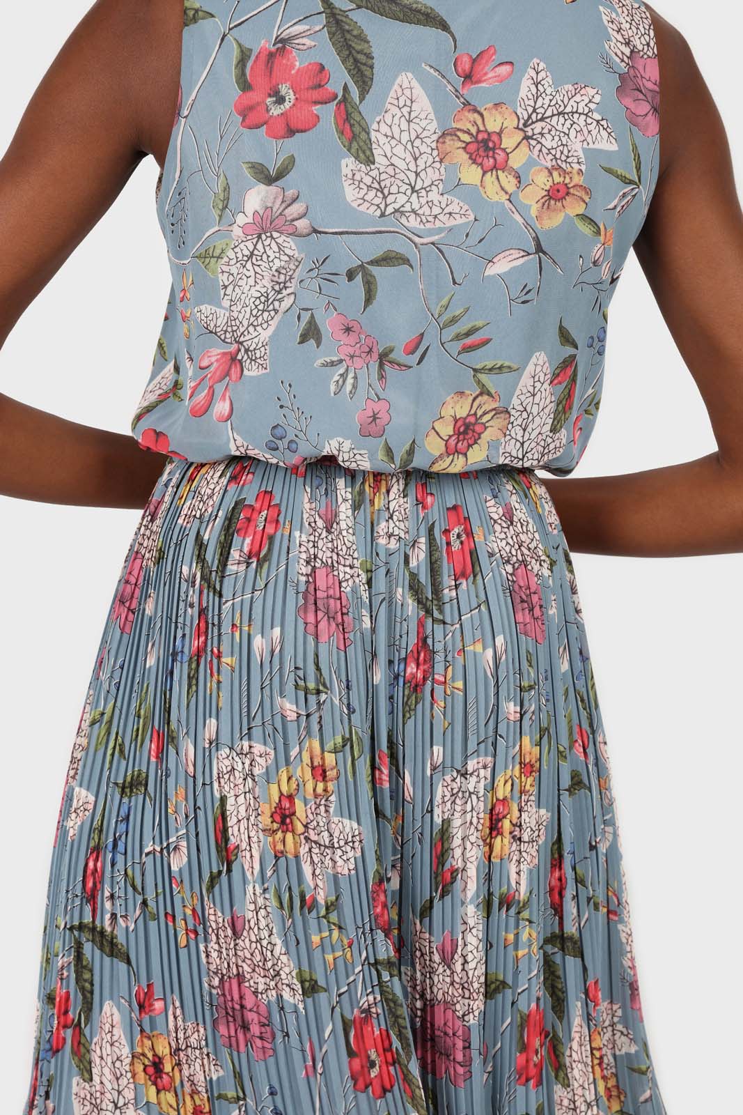 Dusty blue bright floral silky micro pleat maxi dress