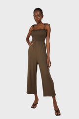 Khaki ruched bodice tie strap jumpsuit