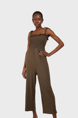 Khaki ruched bodice tie strap jumpsuit