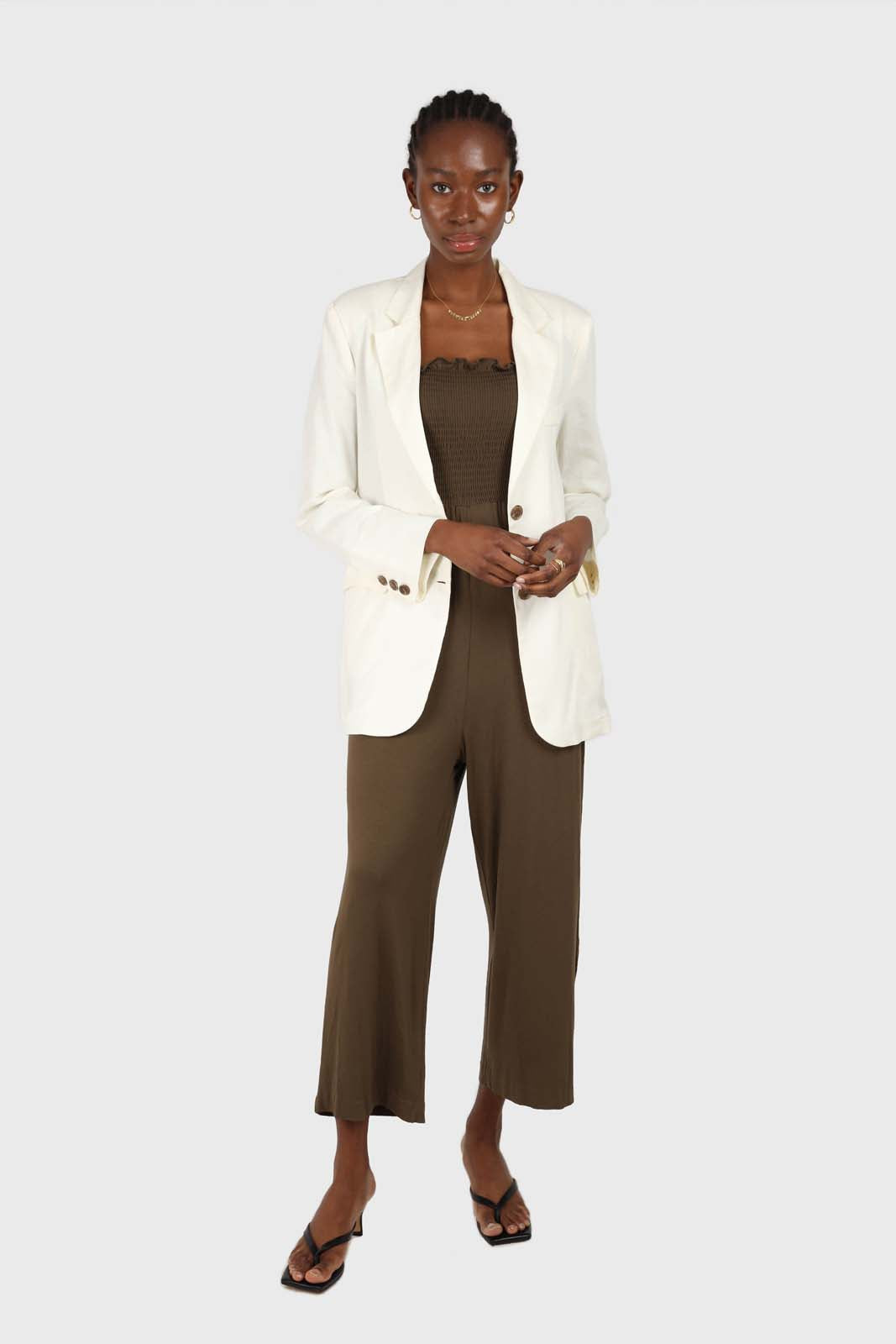 Khaki ruched bodice tie strap jumpsuit