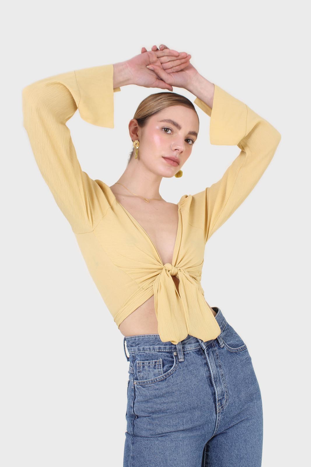 Yellow tie waist open front blouse