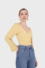 Yellow tie waist open front blouse