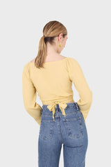 Yellow tie waist open front blouse
