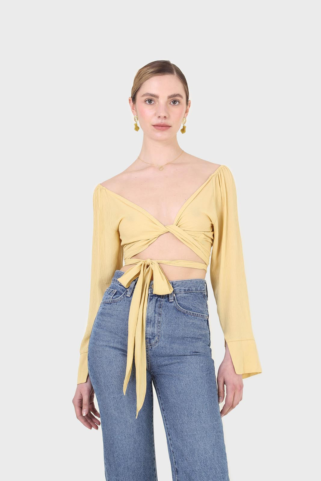 Yellow tie waist open front blouse