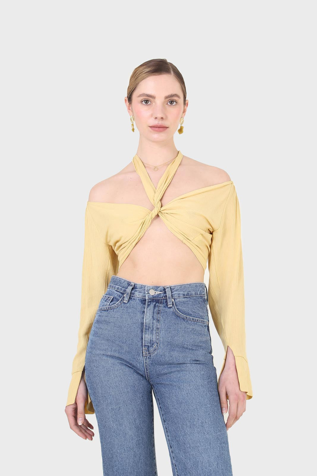Yellow tie waist open front blouse