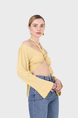 Yellow tie waist open front blouse