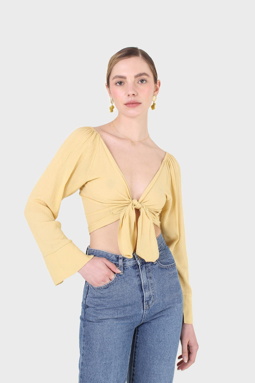 Yellow tie waist open front blouse