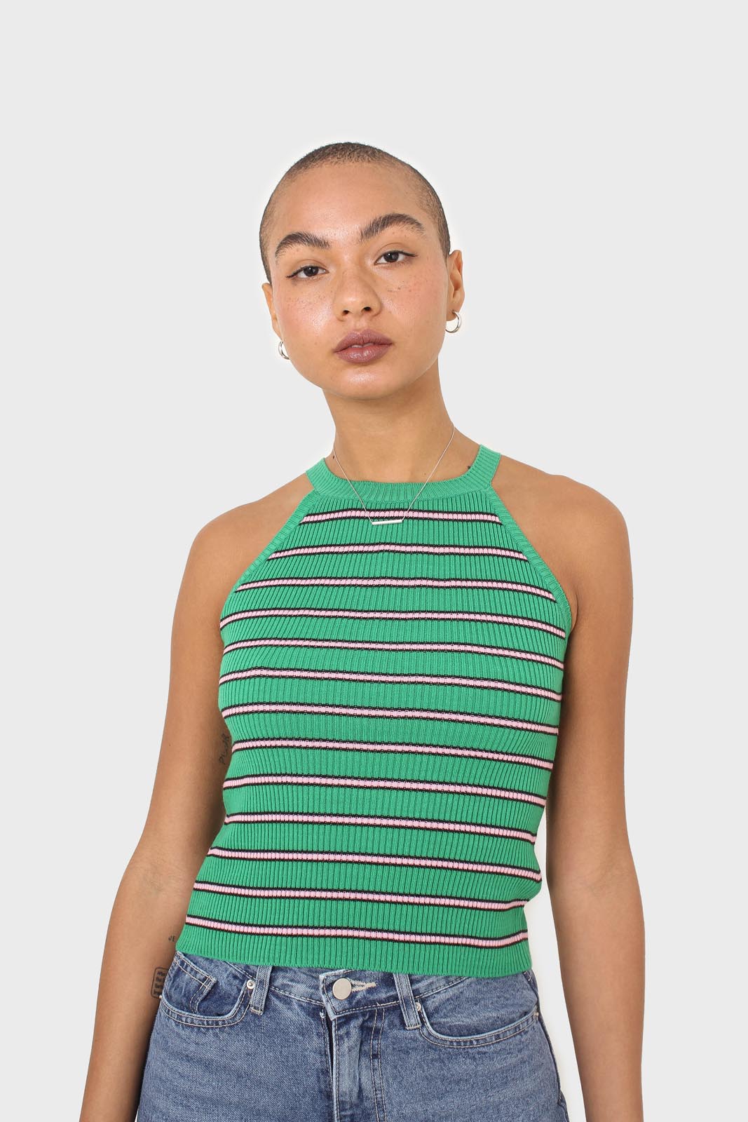 Green and pink striped halter neck knit tank