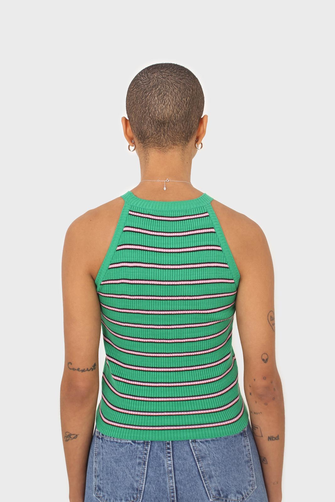 Green and pink striped halter neck knit tank