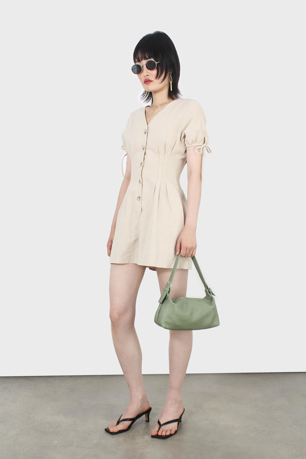 Beige V-neck tie sleeved linen romper