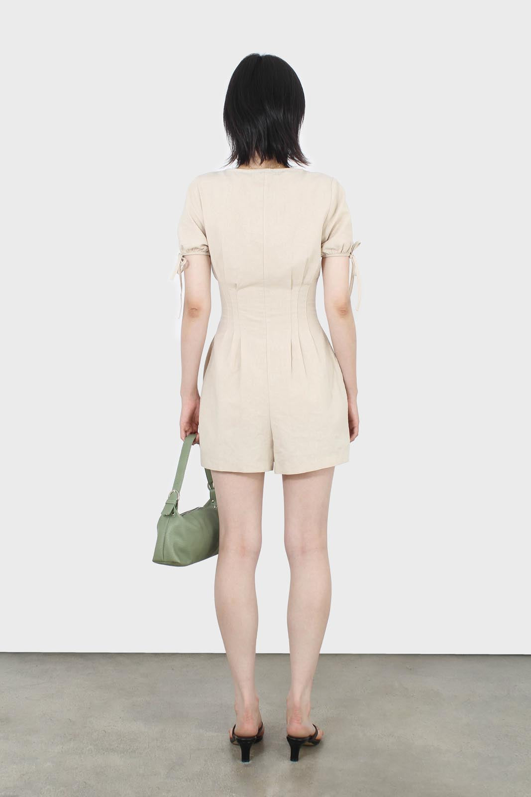 Beige V-neck tie sleeved linen romper