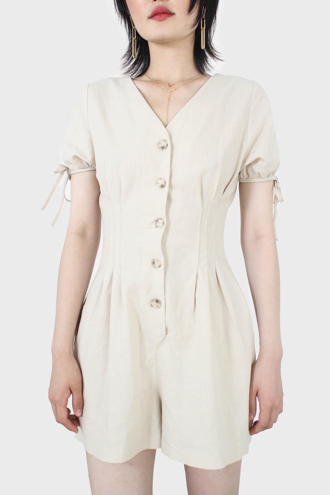 Beige V-neck tie sleeved linen romper