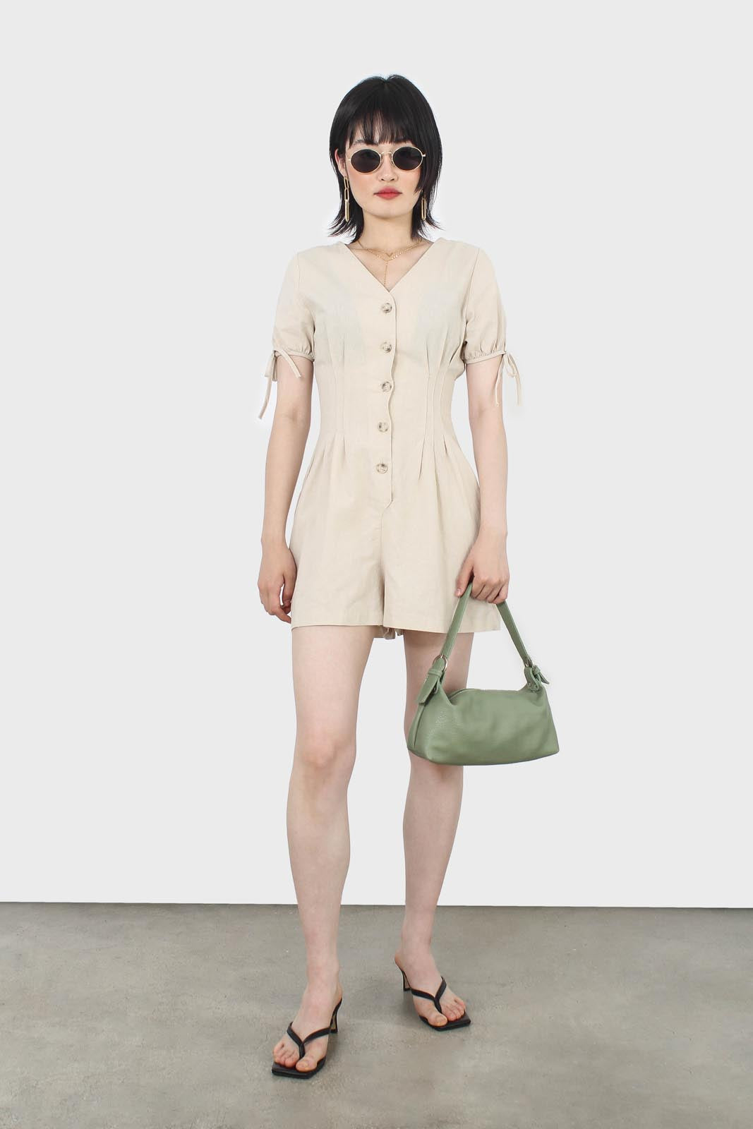 Beige V-neck tie sleeved linen romper