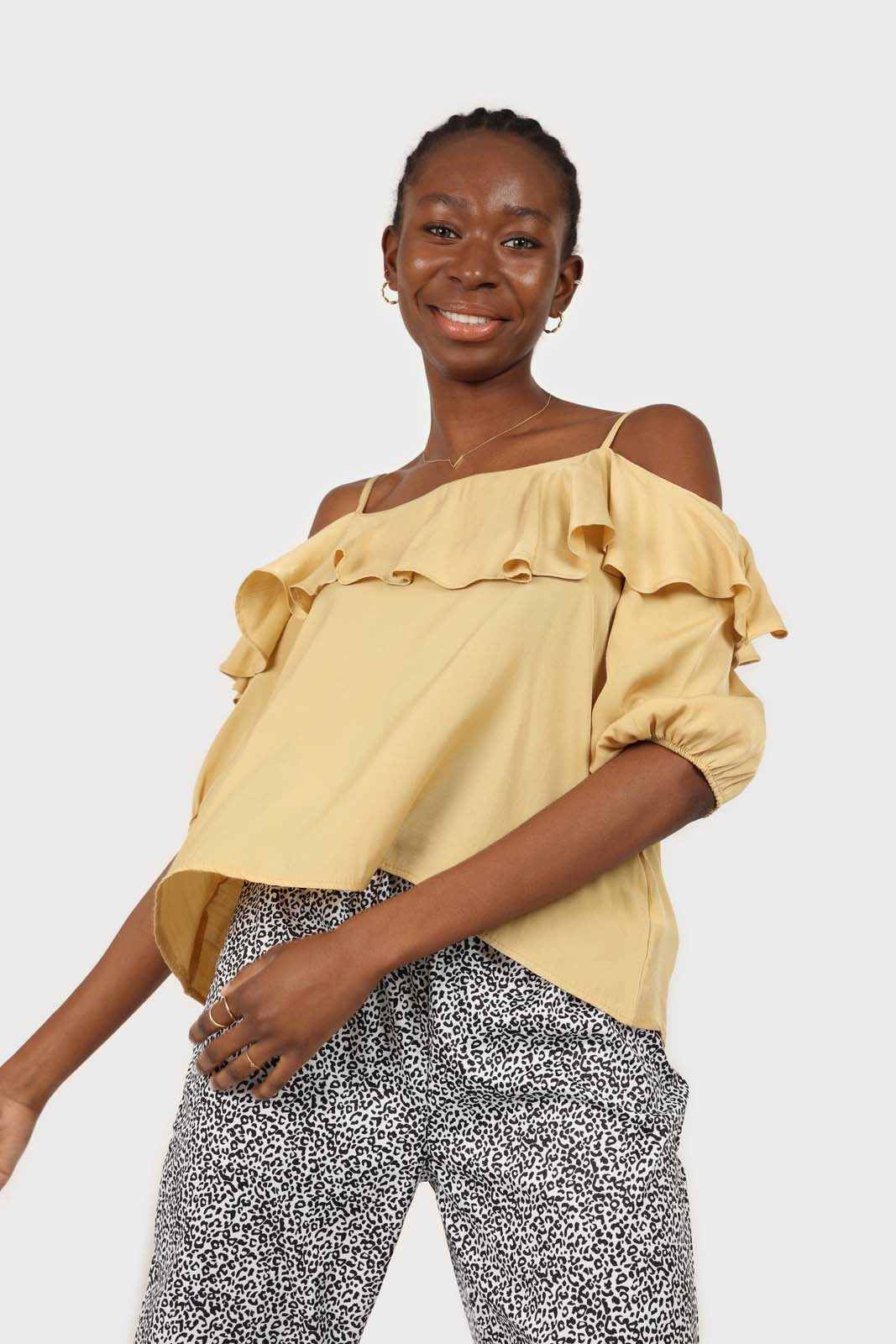 Yellow thin strap ruffle top
