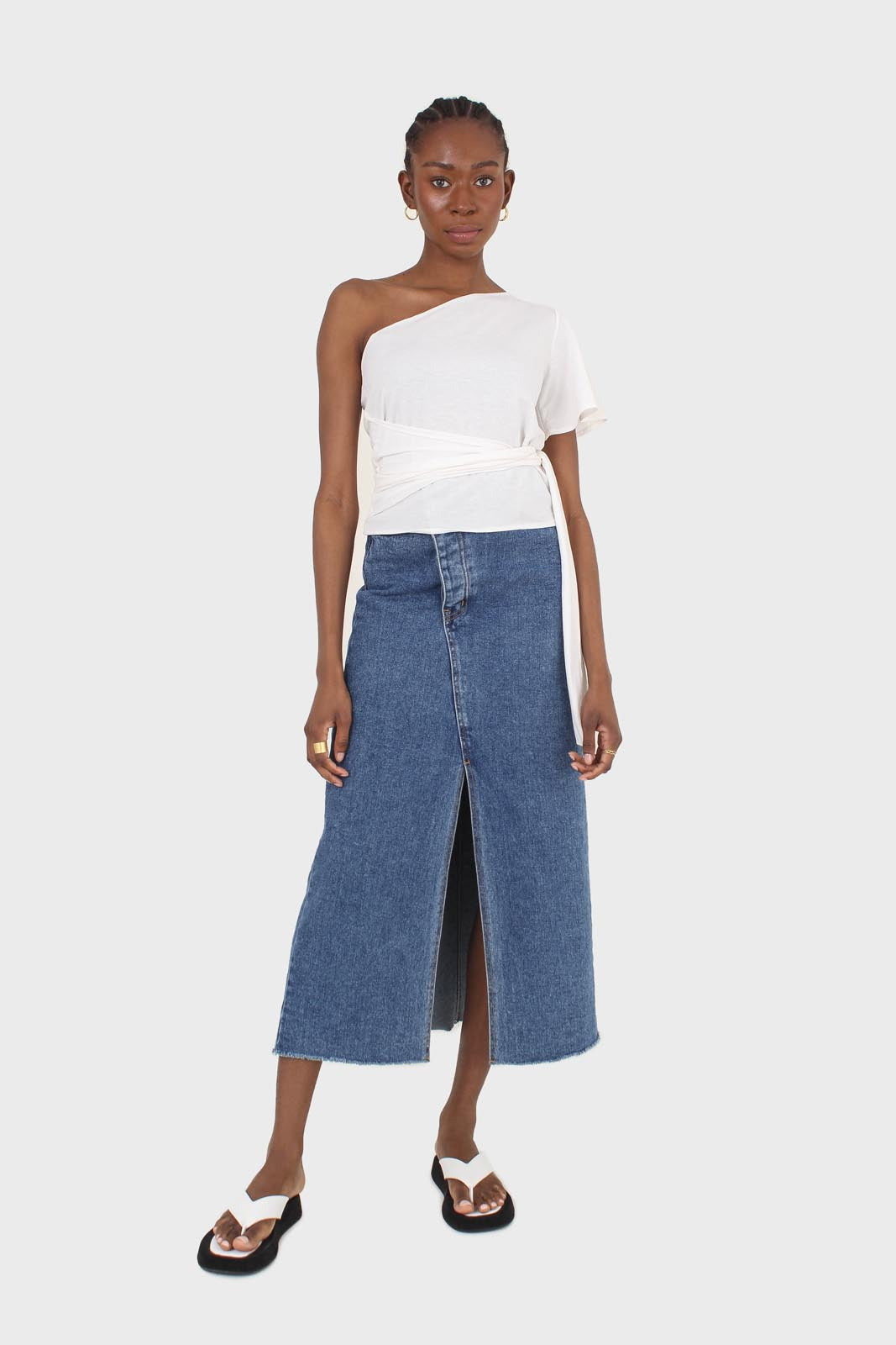 Ivory one shoulder tie waist blouse