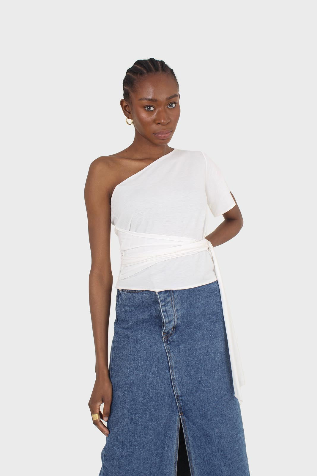 Ivory one shoulder tie waist blouse