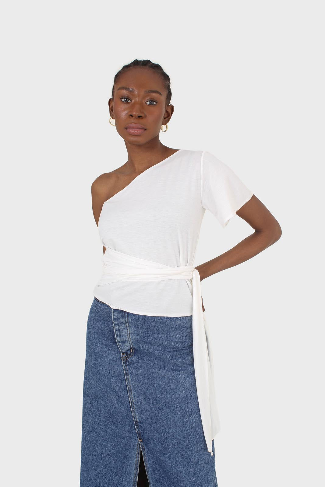 Ivory one shoulder tie waist blouse
