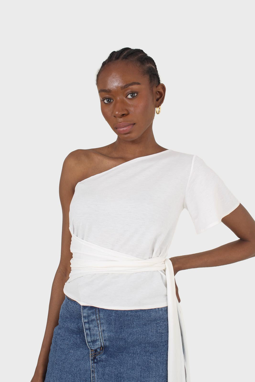 Ivory one shoulder tie waist blouse