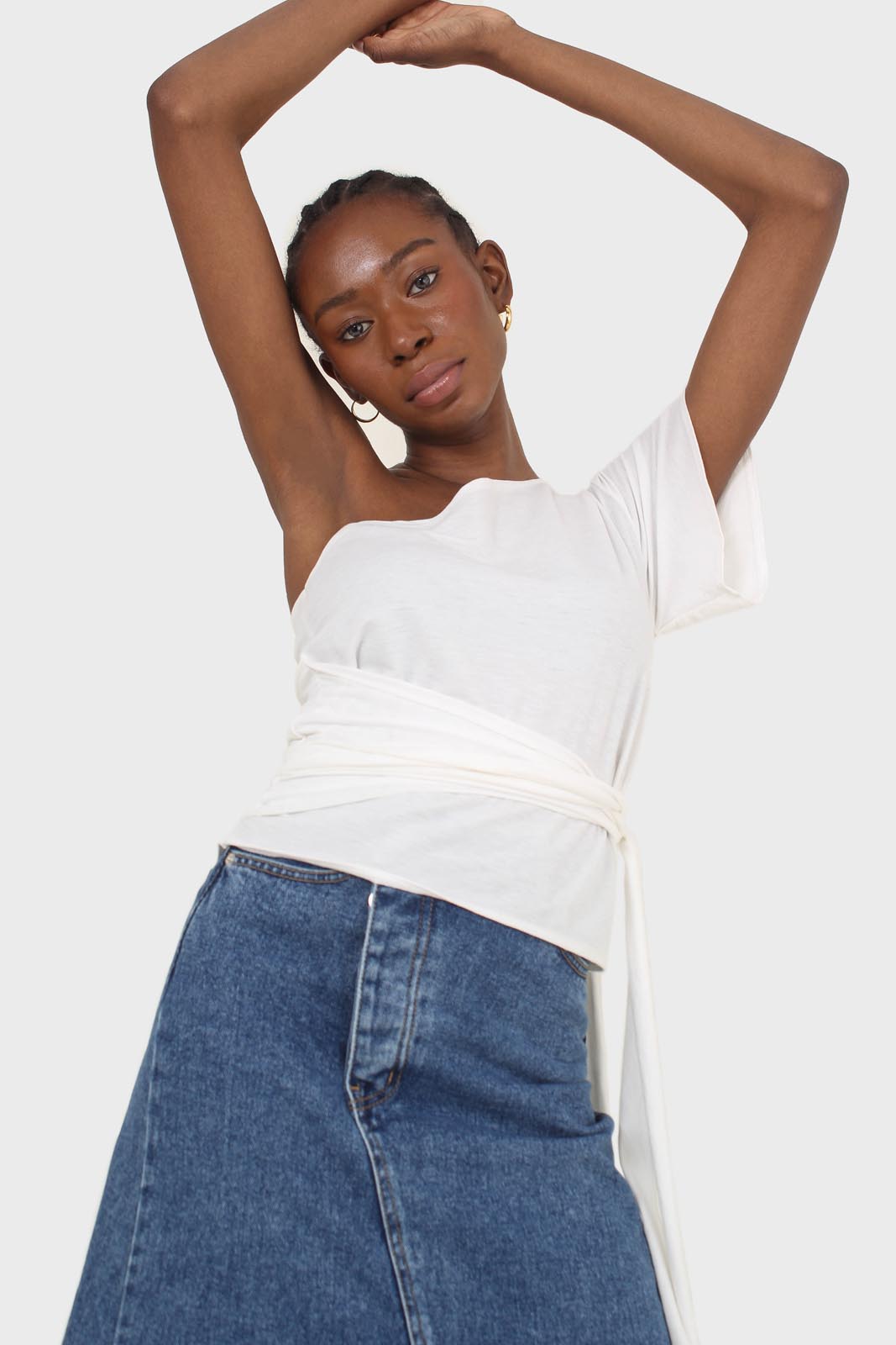 Ivory one shoulder tie waist blouse
