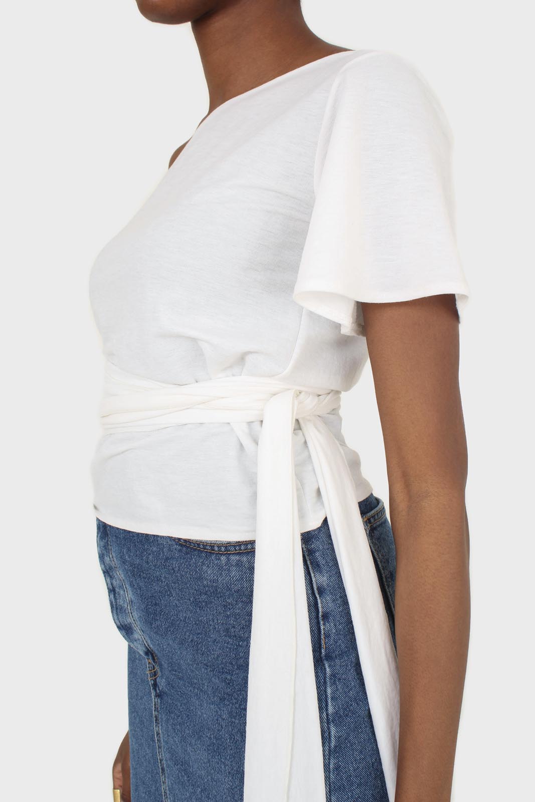 Ivory one shoulder tie waist blouse