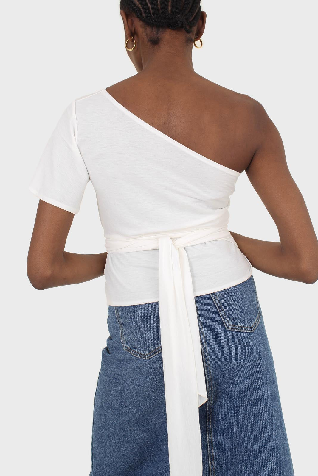 Ivory one shoulder tie waist blouse