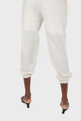 Ivory ruched hem loose fit silky trousers