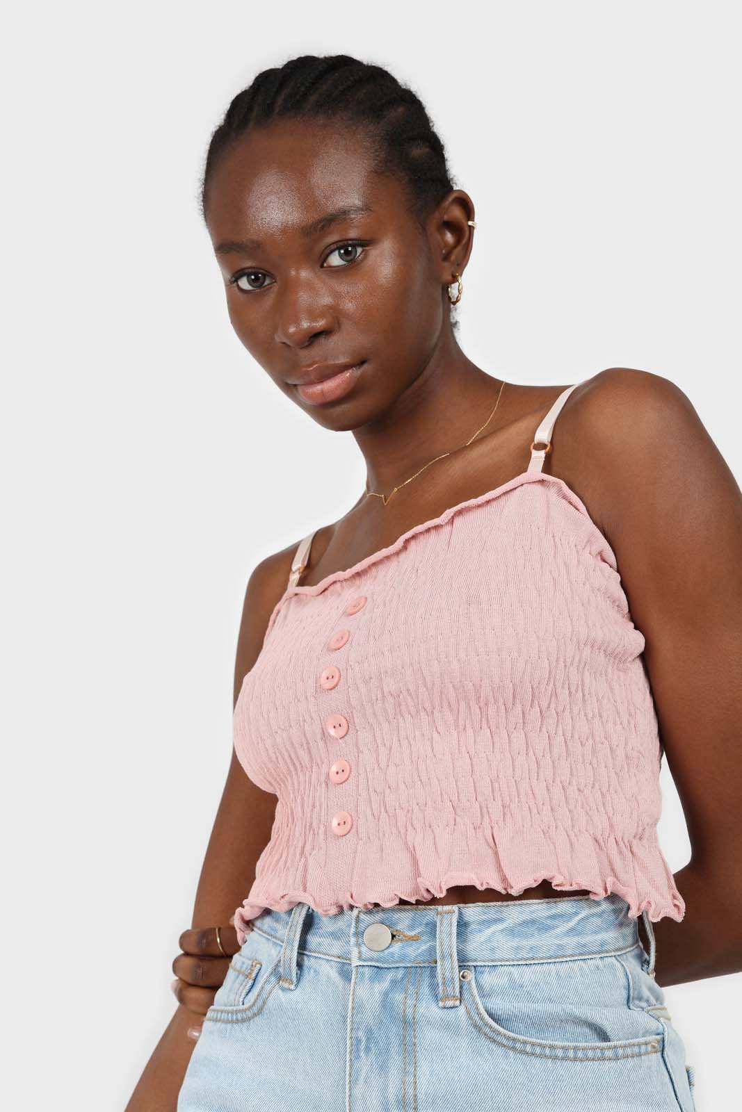 Pale pink button front ruched bodice tank