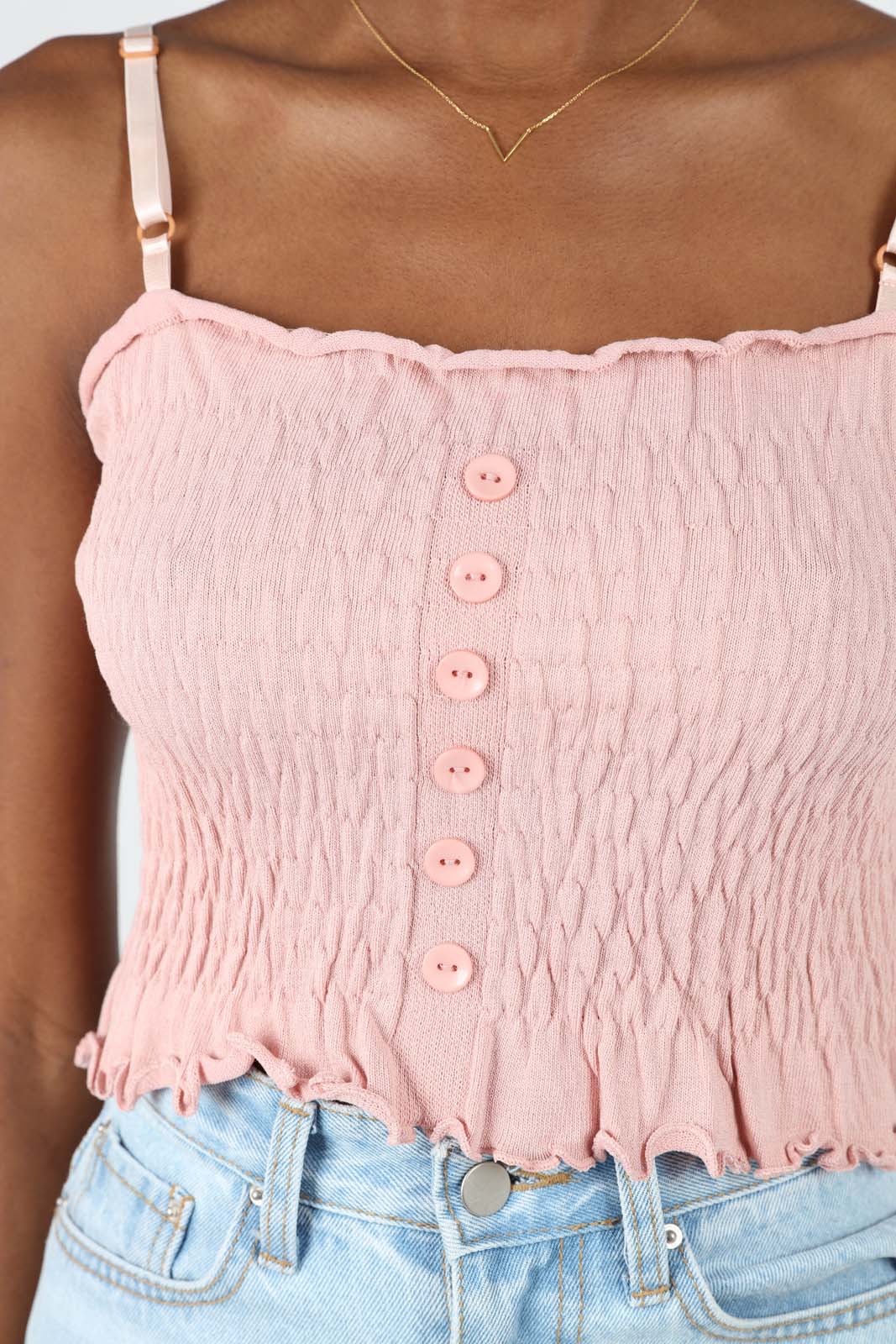 Pale pink button front ruched bodice tank