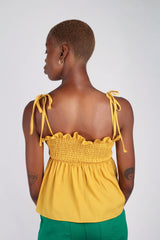Yellow ruched fit and flare tie shoulder tank