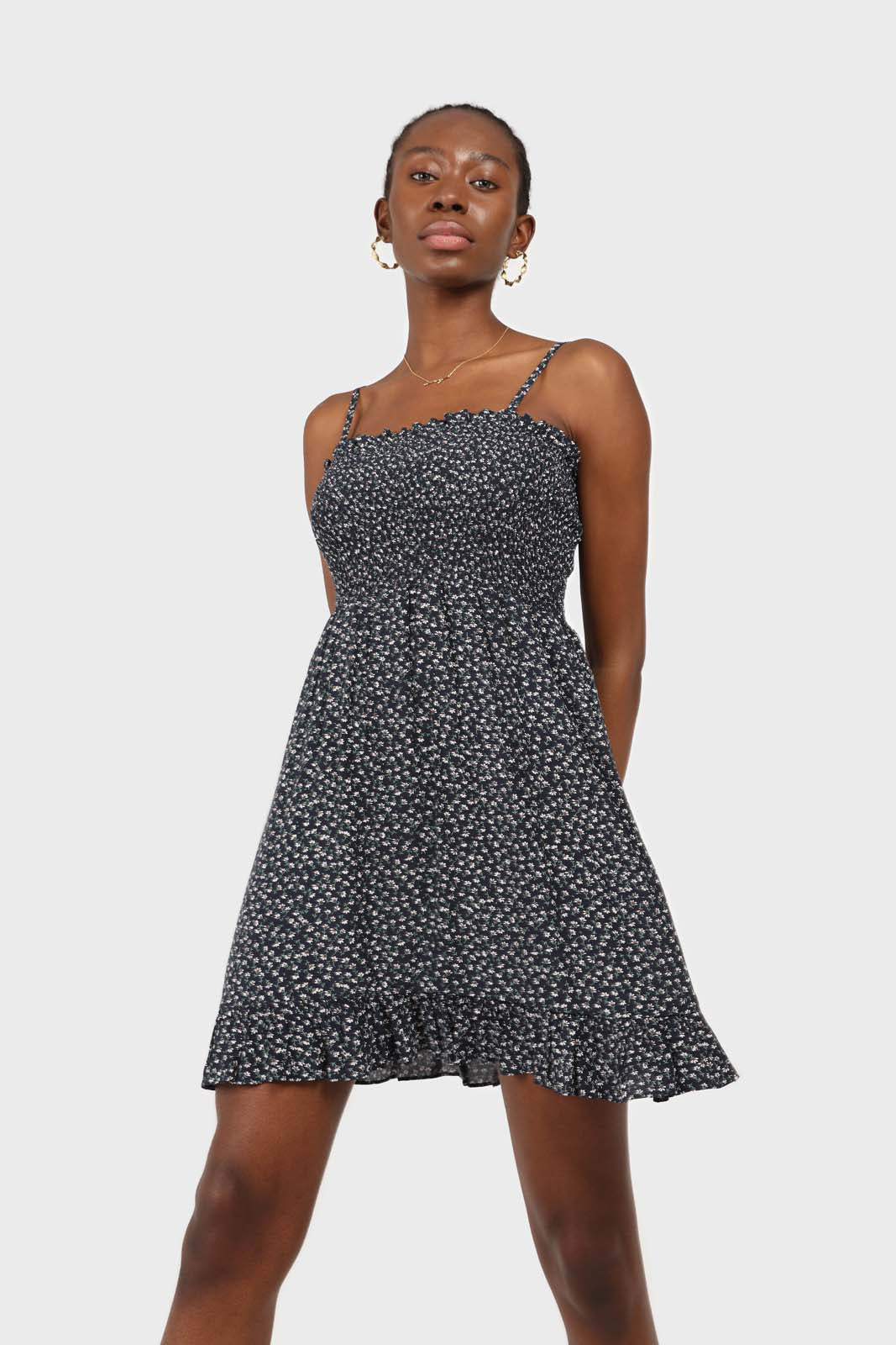 Navy and white floral ruched bodice mini dress