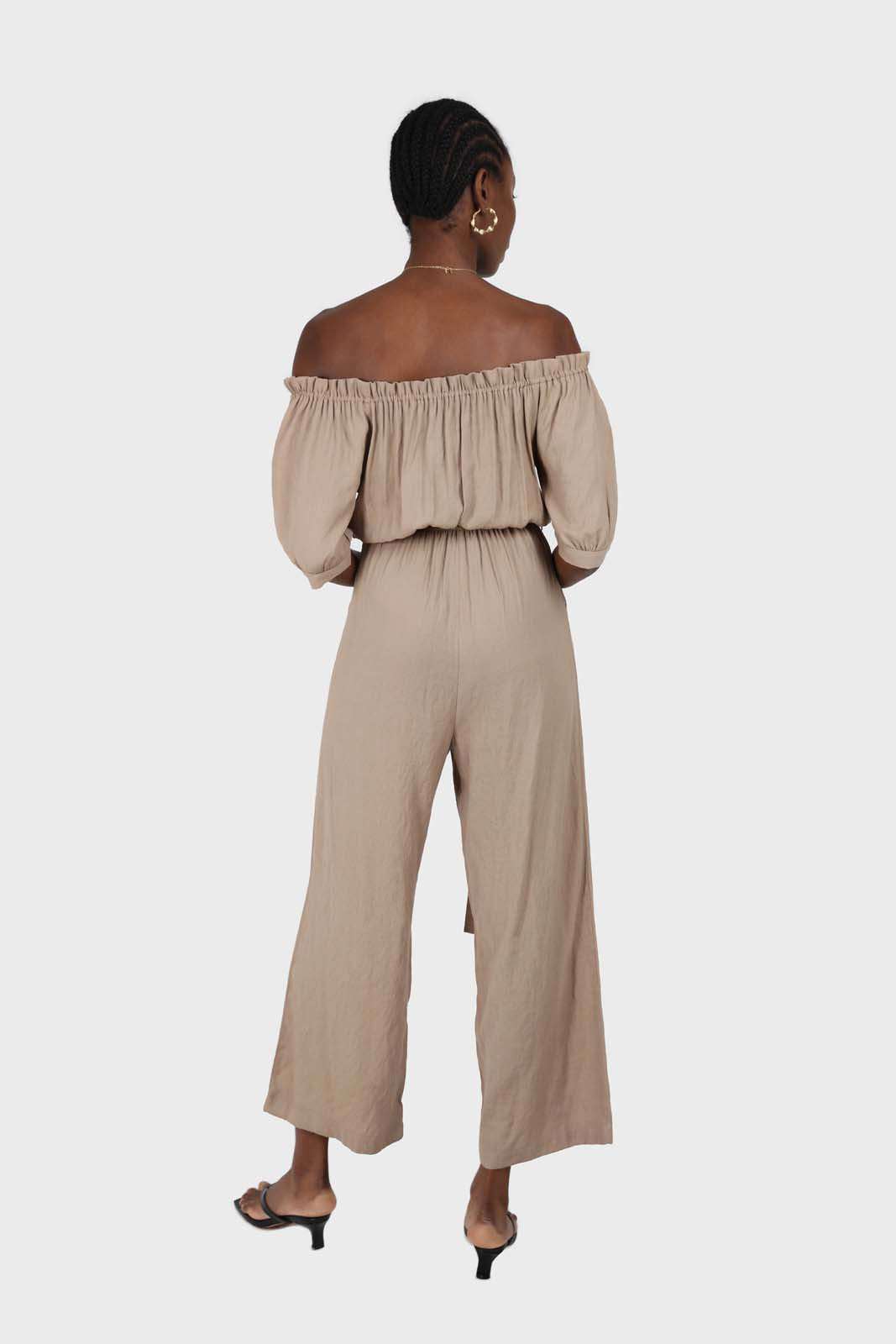 Brown off shoulder tie waist jumpsuit