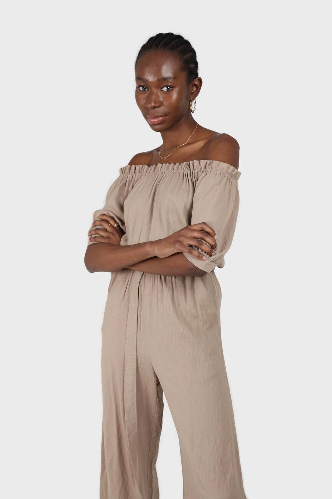 Brown off shoulder tie waist jumpsuit
