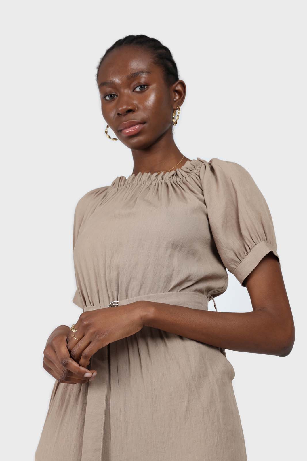 Brown off shoulder tie waist jumpsuit