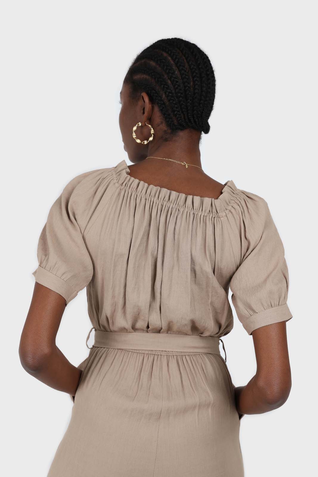 Brown off shoulder tie waist jumpsuit
