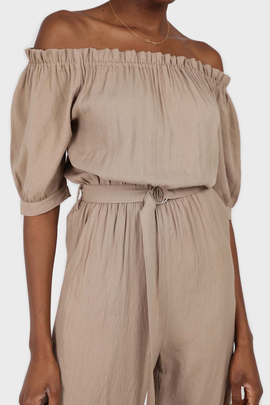 Brown off shoulder tie waist jumpsuit