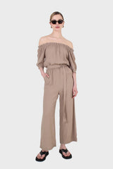 Brown off shoulder tie waist jumpsuit